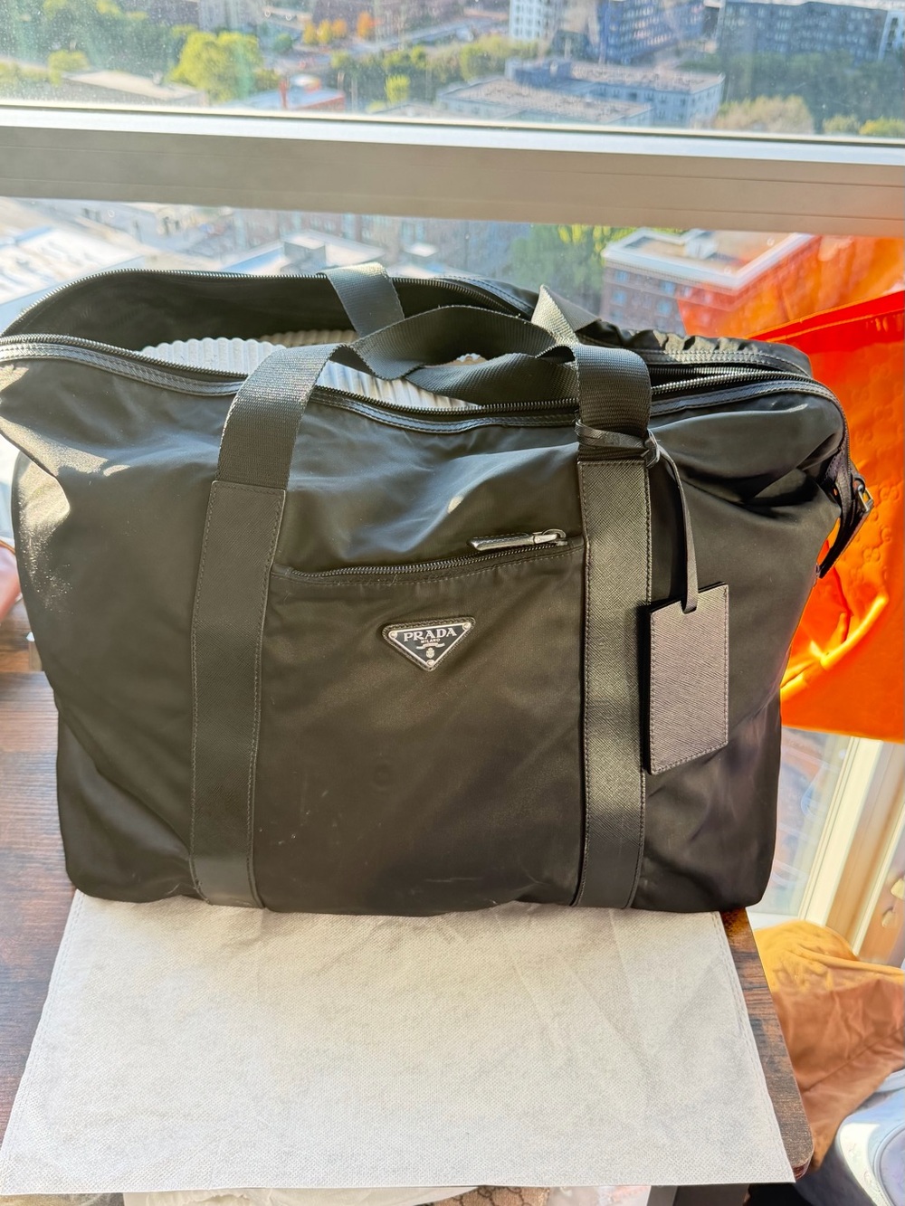 Prada Black Nylon Large Travel Duffle Bag Weekender w/ Lock & Luggage Tag